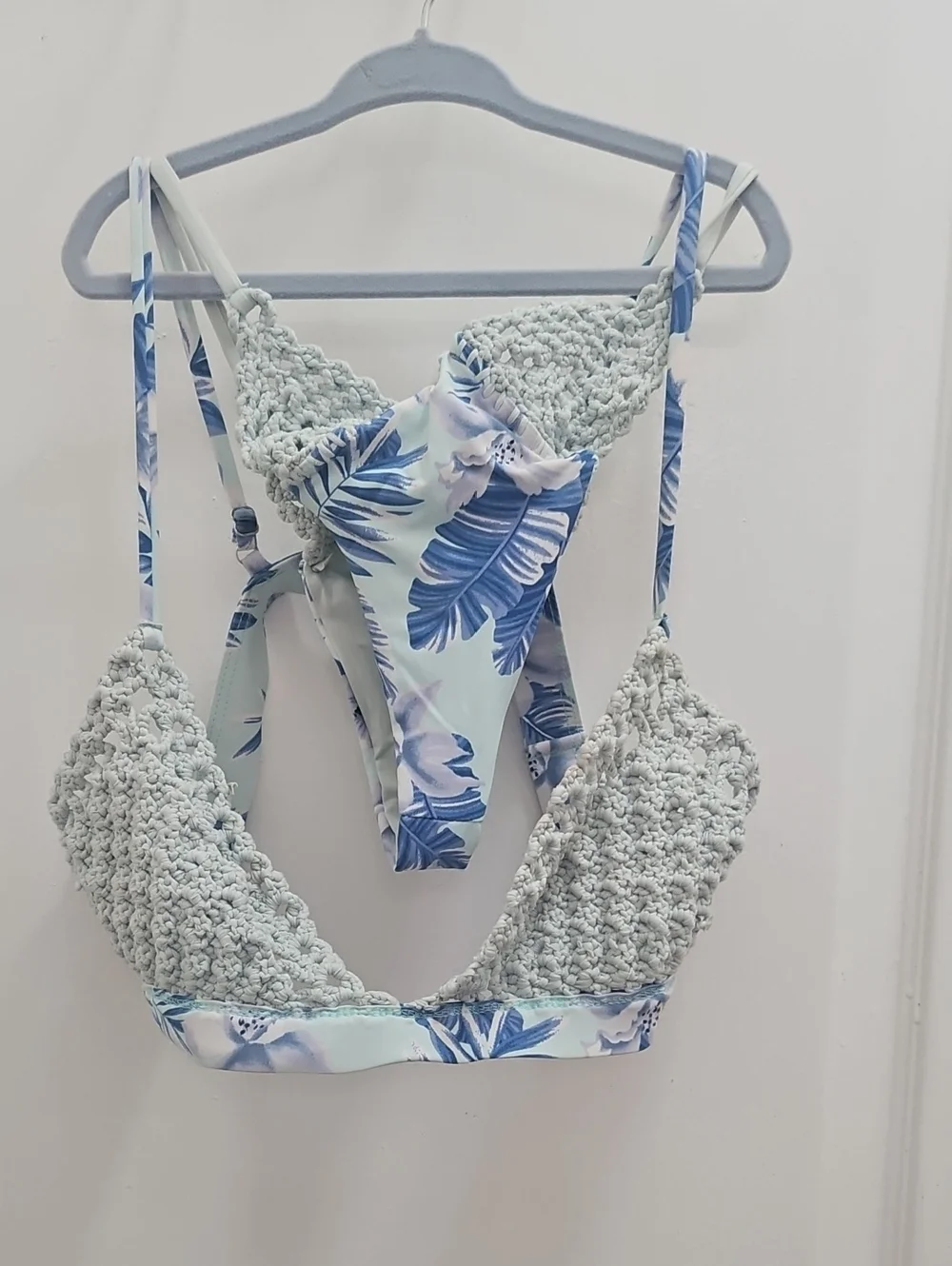 Frankie's Bikinis Light Blue and White Crochet One-Piece Swimsuit
